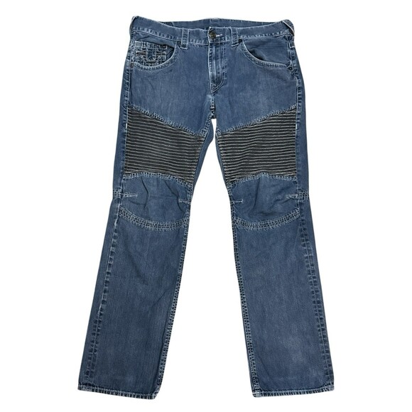 True Religion Mens Moto Relaxed Slim Run Stitch Jeans Denim Blue Size 36 Grunge - Picture 1 of 10